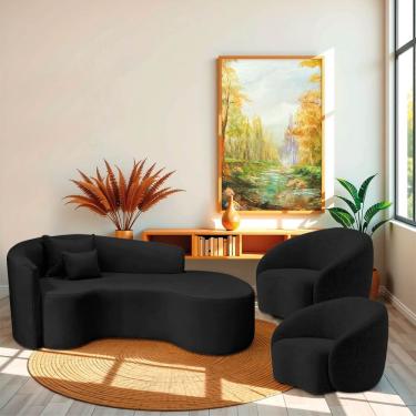 Imagem de Kit Recamier Curvo Sala De Estar Inglaterra 180cm Lado Direito E 2 Poltronas Orgânica Luxo Amore Linho Preto