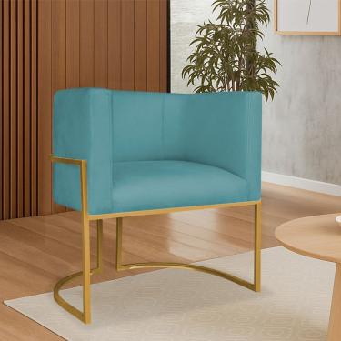 Imagem de Poltrona Dália Luxo Moderna Estofada Design Sofisticado Com Base De Ferro Dourado Suede Azul Turquesa