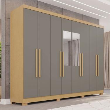 Imagem de Guarda-Roupa Casal Pinheiro 8 Portas 4 Gavetas com Pés e Espelho Jequitibá/Granizo - Pnr Móveis