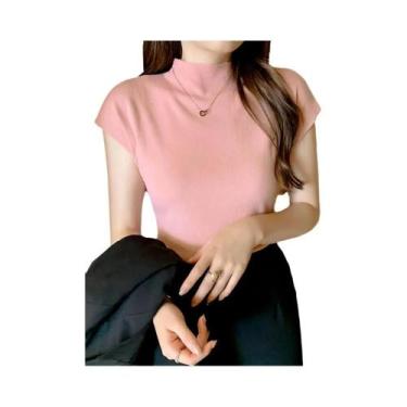 Imagem de Camisetas Femininas De Verão Tricotadas Com Gola Alta E Sem Mangas, Aj