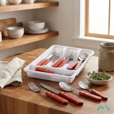 Imagem de Faqueiro Inox Cabo Madeira com Bandeja Organizadora 24pçs - Mm House