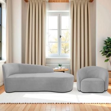 Imagem de Kit Divã Recamier Orgânico França 140cm Lado Direito E Poltrona Amore Linho Cinza Claro