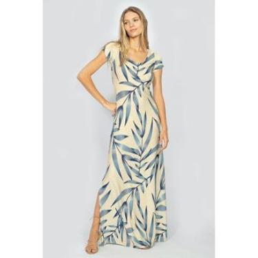 Imagem de Vestido Longo Malha Gola Canoa Manga Curta Bambu Azul-Feminino