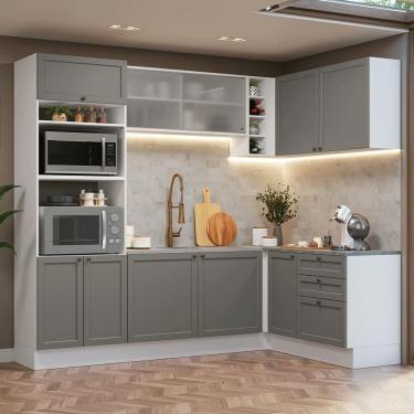 Imagem de Cozinha Completa Vik 10 Portas 3 Gavetas 399 cm Branco Cinza com Puxadores em Metal