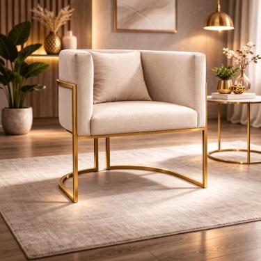 Imagem de Poltrona Design Base Dourada Luxo Moderna Sala Luna Suede Bege