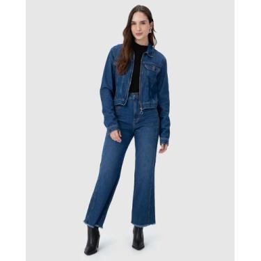 Imagem de Calça Straight Cropped Feminina Barra Desfiada Em Jeans Com Elastano -