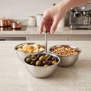 Imagem de Petisqueira Tripla Inox Prata para Petiscos, Molhos e Aperitivos - DOL