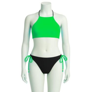 Imagem de Biquíni Infantil Verde Neon Preto Halter com Laços Laterais - anjo da 