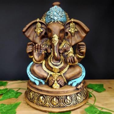 Imagem de Ganesha com base envelhecido com azul 30cm - CASA FÉ