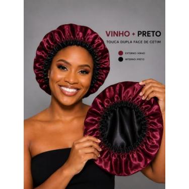 Imagem de Touca Dupla Face de Cetim Premium - Vinho com Preto - CETIM&CIA