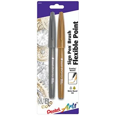 Imagem de Pentel Caneta de sinal artístico Touch, ponta de pincel Fude, ouro/prata, pacote com 2 (SES15CBPXZ)