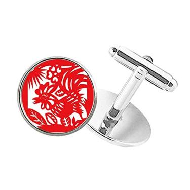 Imagem de DIYthinker Abotoaduras com clipe de botão redondo do zodíaco chinês com estampa de animal de galo cortado em papel