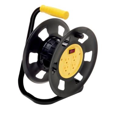 Imagem de Designers Edge Carretel de armazenamento de cabo de extensão E230, adaptador multi-tomada, preto/amarelo