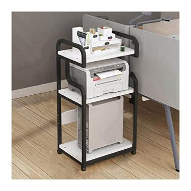Imagem de Suporte de impressora móvel de 3 níveis com triturador de mesa de chão de rolamento Suporte de host de PC Prateleira de armazenamento ajustável sobre rodas para material de escritório Suporte de impressora de scanner de fax para mesa