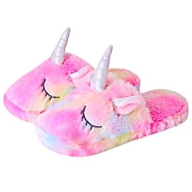 Imagem de Pantufas de Unicórnio da família Anddyam Infantis para uso doméstico, antiderrapantes, para uso interno, para meninas e meninos, Unicorn Pink, 4-6 Big Kid