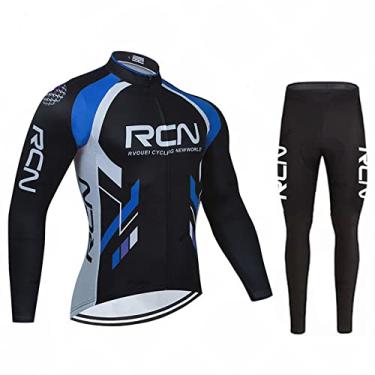 Imagem de Camisa de ciclismo de inverno equipe outono manga longa + calça babador conjunto de lã térmica masculino roupa de bicicleta esportiva equitação MTB roupas de bicicleta, azul, M (172 cm/65 kg)
