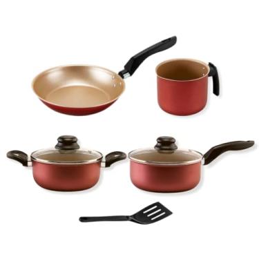 Imagem de Conjunto de Panelas Cereja com Dourado Antiaderente Pequeno 5 Peças: Caneco 12cm Panela 16cm Caçarola 18cm Francesa 20cm 1 Espátula 25cm com Tampa de Vidro Não Gruda Kit Jogo Topázio
