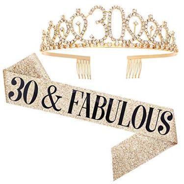 Imagem de Conjunto de tiara "30 e fabulosa" faixa e strass - faixa de aniversário de 30 anos para mulheres, suprimentos de festa de aniversário (glitter dourado com letras pretas)