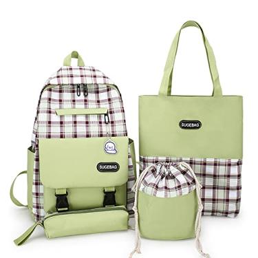 Imagem de Mochila universitária com bolsa, bolsa de moedas, estojo de lápis conjunto de 4 peças mochila de lona para laptop vários bolsos mochila Harajuku, verde, 40 x 29 cm
