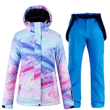 Imagem de Yajun Jaquetas de esqui quentes e calças de neve terno de snowboard colorido feminino ao ar livre impermeável casaco à prova de vento babadores fantasias de 2 peças, azul, G (busto: 106cm)