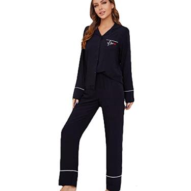 Imagem de Conjunto de pijama feminino pijama de algodão camisola loungewear pijamas senhoras camisola camiseta e calças macias confortáveis, preto, G (65 kg/170 cm)