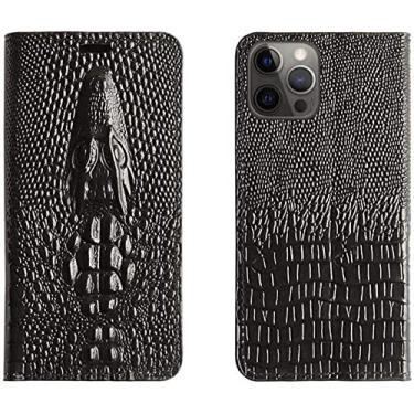 Imagem de KANUZ Capa para Apple iPhone 12 Pro (2020) 6,1 polegadas, capa de telefone flip de couro em relevo à prova de choque de cabeça de crocodilo [Suporte] [Suporte de cartão] (Cor: Preto)