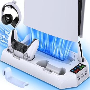 Imagem de Suporte PS5, estação de resfriamento, estação de carregamento de controlador duplo para disco de console PS5 e edições digitais. Com suporte para fone de ouvido, 3 hubs USB, slots de mídia (Branco)