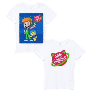 Imagem de Camiseta Branca Infantil e Juvenil Gato Galactico Kit Com 2 Camisetas