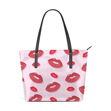 Imagem de Bolsa de ombro feminina sacola de couro para compras grande trabalho sem costura estampa de lábios rosa bolsa casual