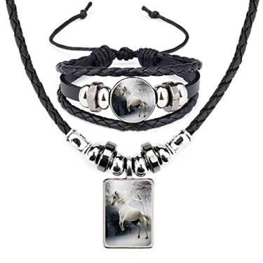 Imagem de White Horse Science Nature Scenery Conjunto de joias de pulseira de couro
