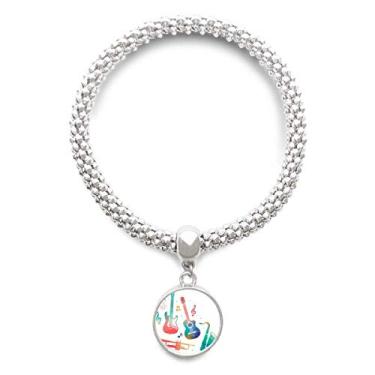 Imagem de DIYthinker Pulseira de prata com pingente de corrente ajustável com estampa de instrumentos coloridos e cor verde música