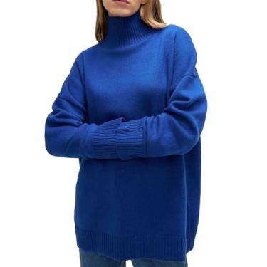 Imagem de Suéter Feminino Gola Alta Manga Comprida Pulôver Top Solto Encaixe Cor Pura Suéter Confortável para Outono Inverno (M)