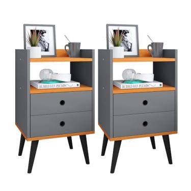 Imagem de Kit 2 Mesinhas de Cabeceira Retrô Jogo Mesa Canto Lateral Cama Gavetas Nicho Decorativo Aparador Quarto Casal Dream - RPM (Cinza/Cinamomo)