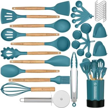 Imagem de Conjunto de utensílios de cozinha de silicone – Fungun 35 peças, utensílios de cozinha, cabo de madeira, conjunto de espátulas, utensílios de cozinha, espátulas, espátulas, espátulas, batedores,