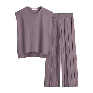 Imagem de ANRABESS Conjuntos de suéter de verão de duas peças para mulheres, pulôver de malha, calça de cintura elástica, conjunto de lounge, agasalho, Roxa, Small