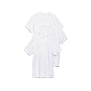 Imagem de Calvin Klein Camisetas masculinas curtas de algodão com gola V, Branco, G