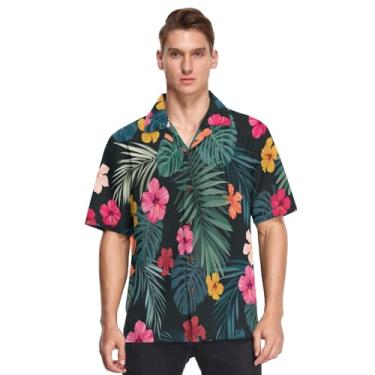 Imagem de Camisa masculina havaiana manga curta botão estampa tropical flores vermelhas rosa impresso ropa de Vestir para Hombre, Estampa tropical sem costura, GG