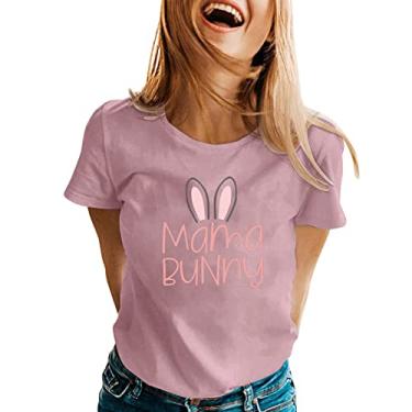 Imagem de PKDong Camisetas femininas de Páscoa com estampa de mamãe coelhinho, estampa de letras fofas de Páscoa, manga curta, gola redonda, coelho, camisetas, rosa, P