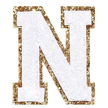Imagem de 3 Pçs Chenille Letter Patches Ferro em Patches Glitter Varsity Letter Patches Bordado Borda Dourada Costurar em Patches para Vestuário Chapéu Bolsa de Camisa (Branco, N)