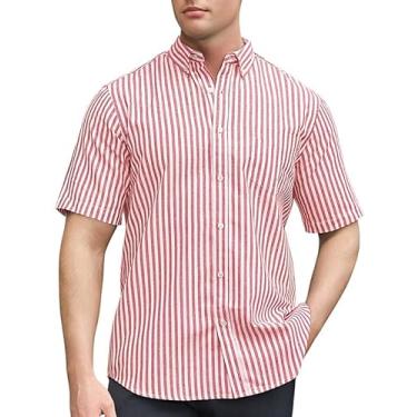 Imagem de Sedyrak Camisa de manga curta masculina de linho de algodão com ajuste regular casual com botão e bolso frontal, Listra branca vermelha 380, M
