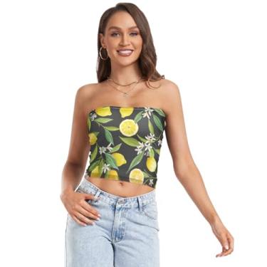 Imagem de Tops cropped sexy para mulheres, decote moderno, camisa de clube adolescente, top cropped limão frutas flores folhas, Folhas de flores de limão, G