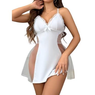 Imagem de ikasus Lingerie feminina sexy, camisola de renda, malha patchwork, gola V, roupa de dormir, Branco XGG, Tamanho Único