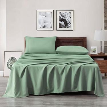 Imagem de Chezmoi Collection Jogo de lençol Queen com 4 peças verde sálvia - 110GSM pele de pêssego microfibra escovada poliéster 40,6 cm lençóis de cama e fronhas com bolso profundo