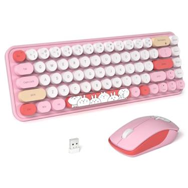 Imagem de FOPETT Teclado e mouse sem fio bonito mouse e teclado 2,4 G teclados sem fio com 68 teclas coloridas máquina de escrever retrô tampa redonda para PC, laptop, tablet, computador Windows - rosa colorido