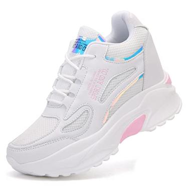 Imagem de AONEGOLD Tênis feminino de salto alto com cadarço e plataforma, Branco, rosa - 96 cm (38"), 5-5.5