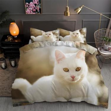 Imagem de Jogo de cama de capa de edredom solteiro gato branco animal 3 peças texturizadas de microfibra macia 172,7 cm x 228,6 cm e 2 fronhas, com fecho de zíper e laços