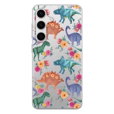Imagem de Blingy's Capa para Samsung Galaxy S24 Plus, design divertido de dinossauro com flores desenho animado fofo estilo animal transparente macio TPU capa transparente 6,7 polegadas (dinossauros florais)