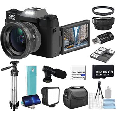 Imagem de Acuvar Kit de câmera digital 4K 56MP para fotografia, câmera vlogging para YouTube com tela flip, Wi-Fi, lente grande angular e macro, cartão micro SD de 64 GB, tripé de 50 polegadas, estojo, leitor