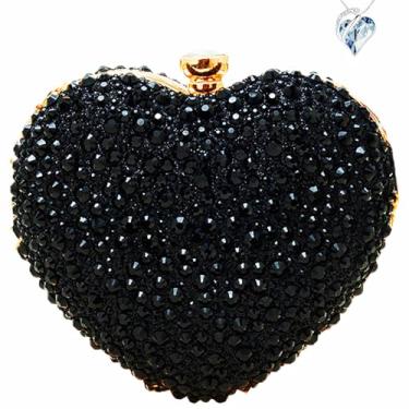 Imagem de FAPIPOS Mini bolsa de strass de coração. Bolsa clutch de strass de casamento. Bolsa de strass de coração para jantares., Preto