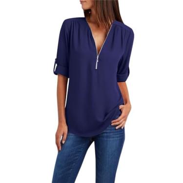 Imagem de Camisetas femininas de manga curta enroladas com zíper e gola V, blusas femininas de chiffon cor sólida casual de verão blusas elegantes soltas, Azul marino, 3G